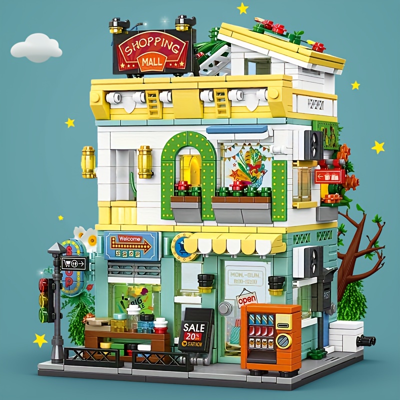 Model Kit Walmart - 街並みの風景、スーパーマーケット、ホテル、ビルディングブロック、モジュール式都市ショップブリックモデル、DIY建築キット