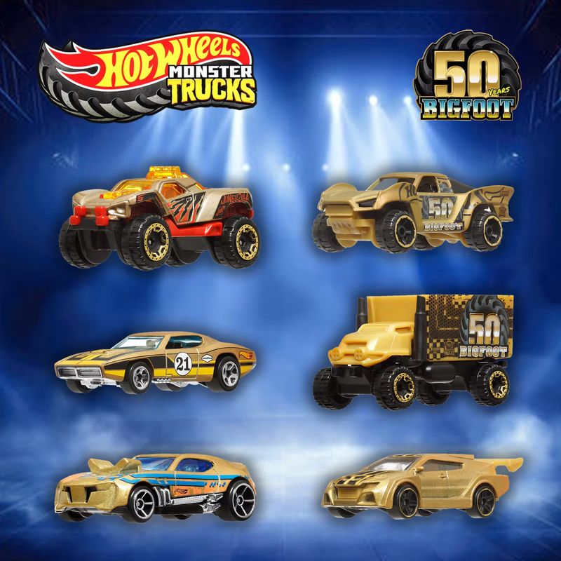Hot Wheels Car Monster Trucks - ホットウィール モンスタートラック 50周年記念セット - ビッグフット 金メッキ限定版合金カーモデル、子供向けコレクタブルトイ