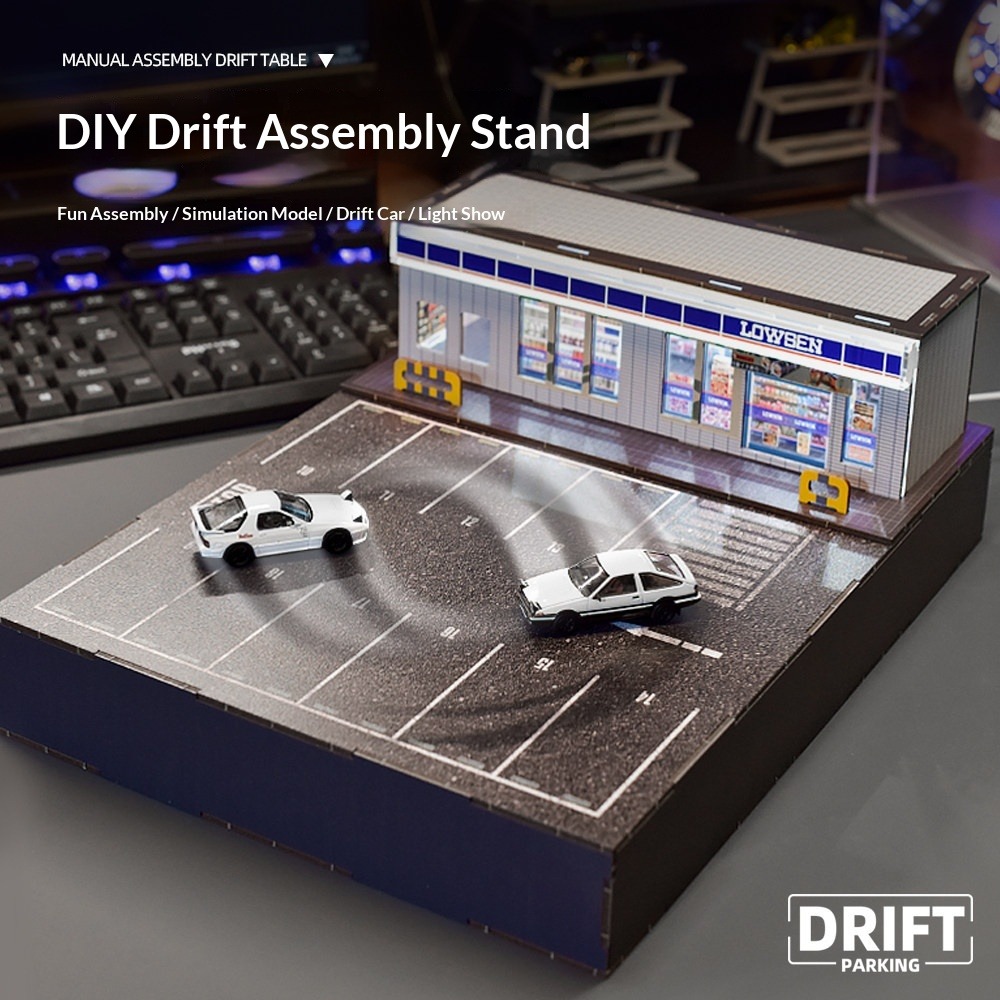 Model Kit Initial D - 1:64スケールカーモデル磁気ドリフトステーションDIY電動組み立てトラック頭文字D東京ドリフトライトアップシーン男の子向けギフト